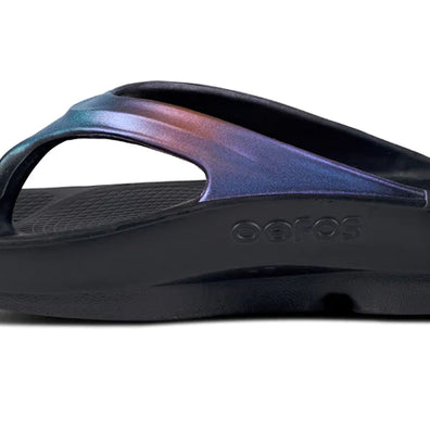 OOlala Luxe - Women by Oofos in black with hand-painted iridescent straps, lightweight OOfoam slides for all-day comfort and style