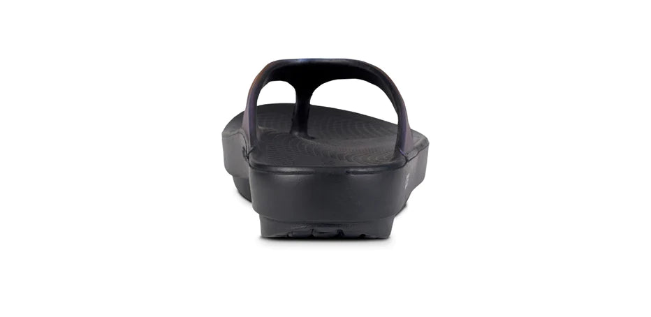 OOlala Luxe - Women by Oofos in black, cushioned slides with patented OOfoam footbed for comfort and versatile day-to-night wear