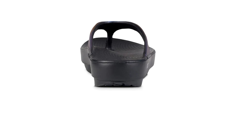 OOlala Luxe - Women by Oofos in black, cushioned slides with patented OOfoam footbed for comfort and versatile day-to-night wear