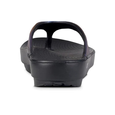 OOlala Luxe - Women by Oofos in black, cushioned slides with patented OOfoam footbed for comfort and versatile day-to-night wear