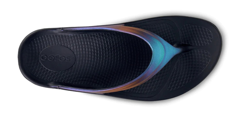 OOlala Luxe - Women by Oofos in black with hand-painted prints, featuring patented OOfoam and streamlined footbed for stylish comfort