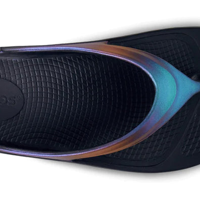 OOlala Luxe - Women by Oofos in black with hand-painted prints, featuring patented OOfoam and streamlined footbed for stylish comfort