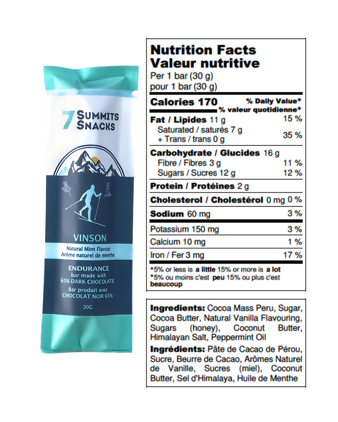 Vinson Dark Chocolate & Mint Endurance Bar (30g) by 7 Summit Snacks in dark blue and teal, 65% dark chocolate with honey and electrolytes for endurance fueling