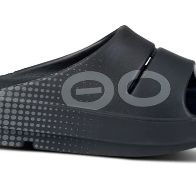 OOahh Sport - Unisex by Oofos in black and grey with agile OOfoam strap for support and 37% impact absorption, ideal recovery footwear