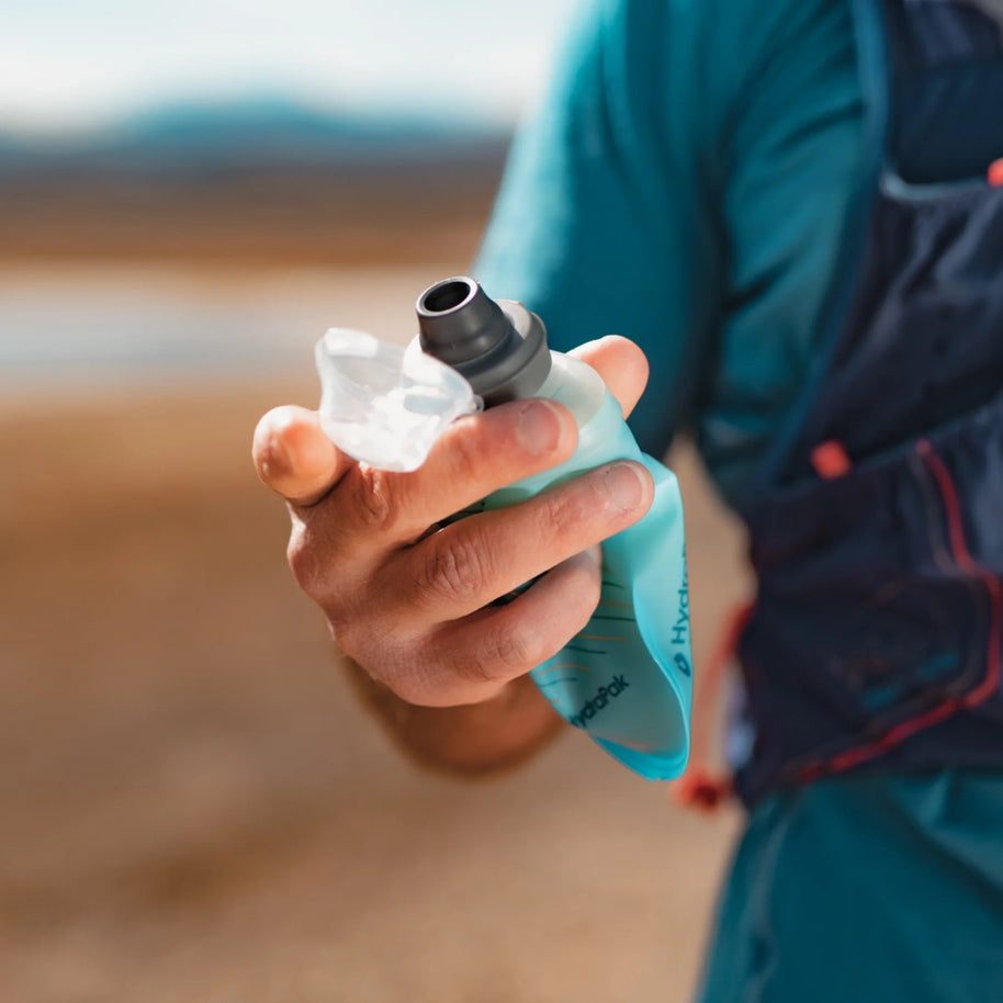 SoftFlask 150ml by Hydrapak in light blue, lightweight collapsible gel flask for fast hydration and nutrition on challenging outdoor expeditions