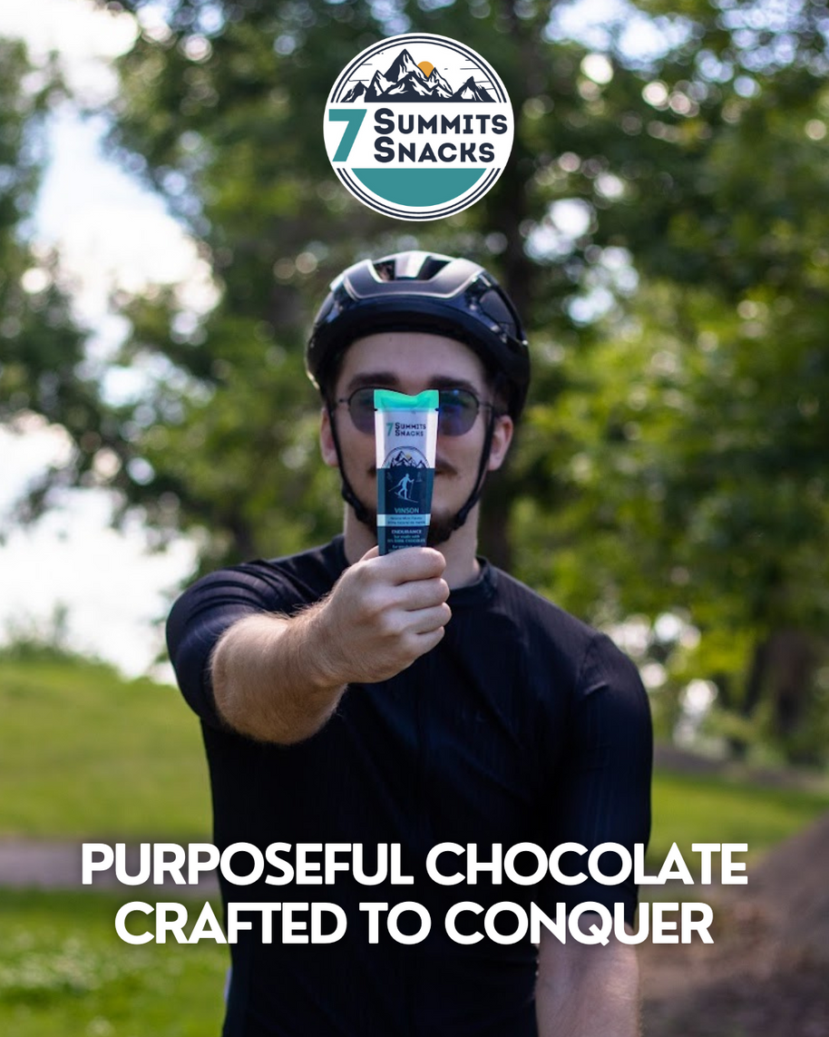 Vinson Dark Chocolate & Mint Endurance Bar (30g) by 7 Summit Snacks in dark green and black packaging, energizing with Peruvian chocolate and electrolytes for endurance