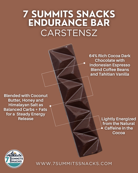 Carstensz Dark Chocolate Endurance Bar (30g) by 7 Summit Snacks in dark brown with espresso, honey, electrolytes for endurance fuel
