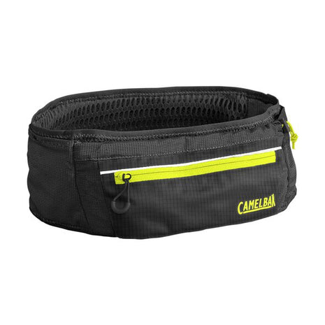 Ultra Belt 3L by CamelBak in black with neon green zipper, lightweight hydration belt with breathable 3D mesh, holds 17-oz flask for running