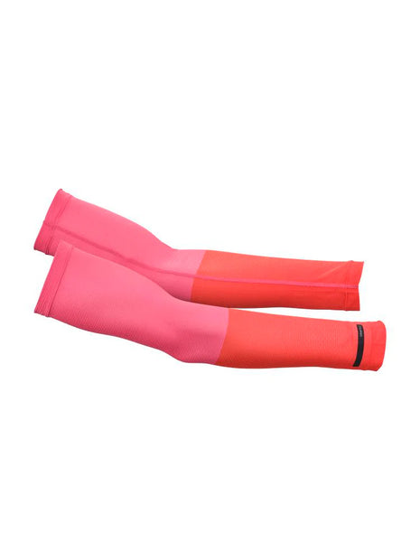 Vent Mesh Arm Cover by Craft in pink and red, breathable sleeves designed to keep warm at start and during early running stages