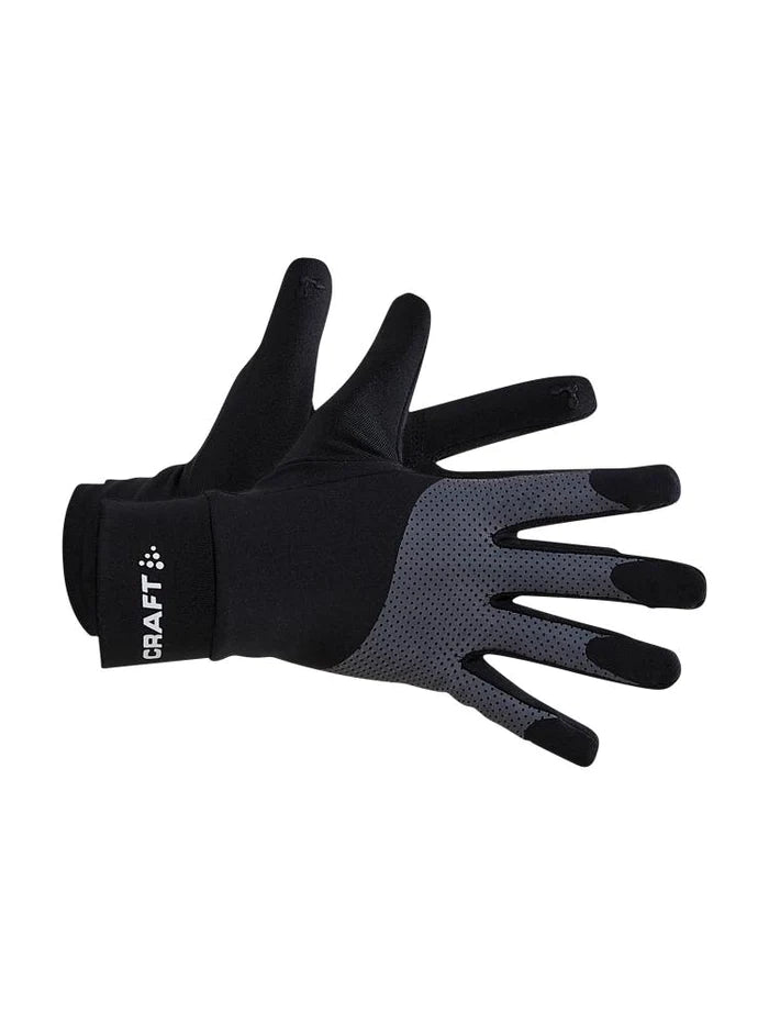 ADV Lumen Fleece Glove by Craft in black and grey, reflective running gloves with soft fleece jersey for cold weather performance