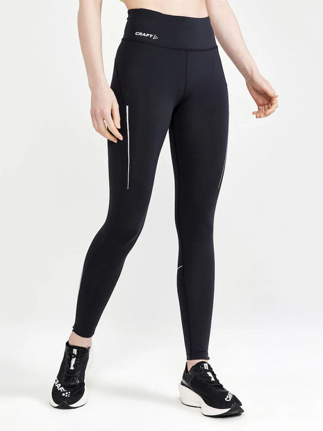 ADV Essence Run Tights - Women by Craft in black, soft recycled polyester and elastane with wide adjustable waistband for running and training.