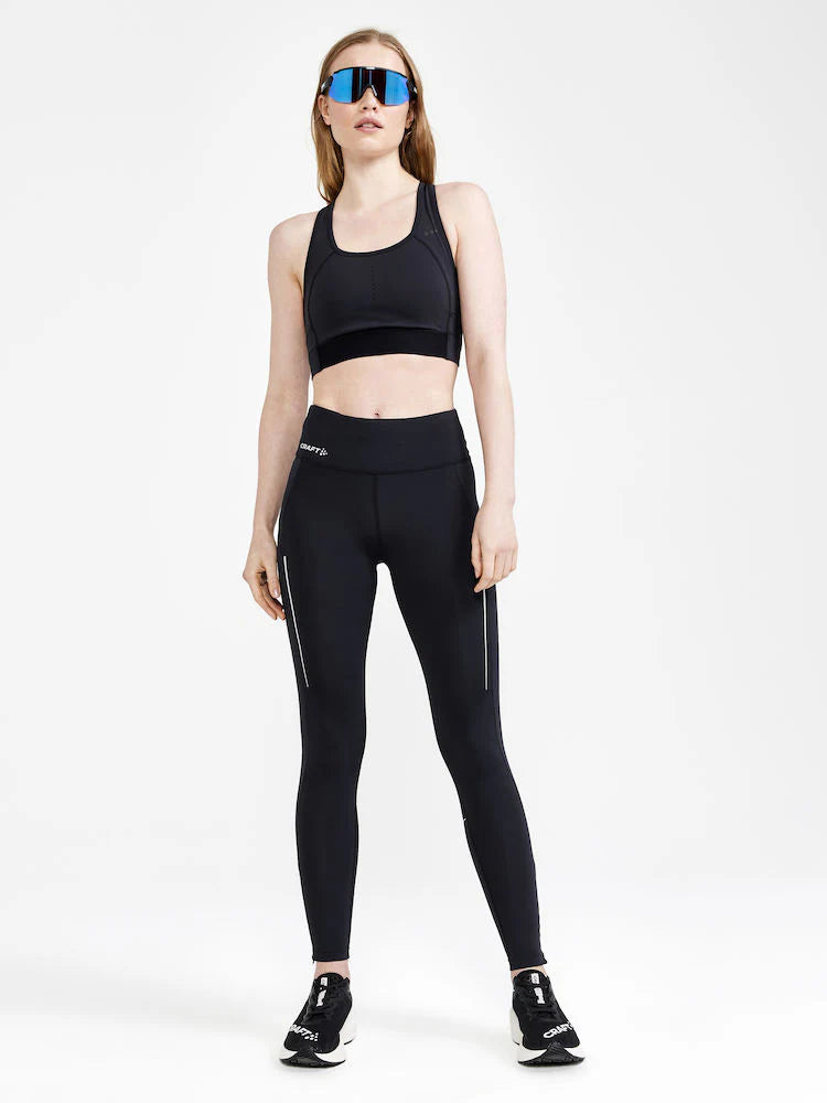 ADV Essence Run Tights - Women by Craft in black with soft recycled polyester, wide adjustable waistband, ideal for running and training