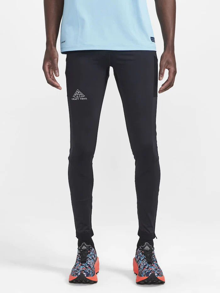 PRO Trail Tights - Men by Craft in black, high-performance recycled polyamide running tights for trail running and moisture transfer