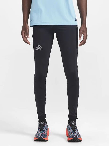 PRO Trail Tights - Men by Craft in black, high-performance recycled polyamide running tights for trail running and moisture transfer