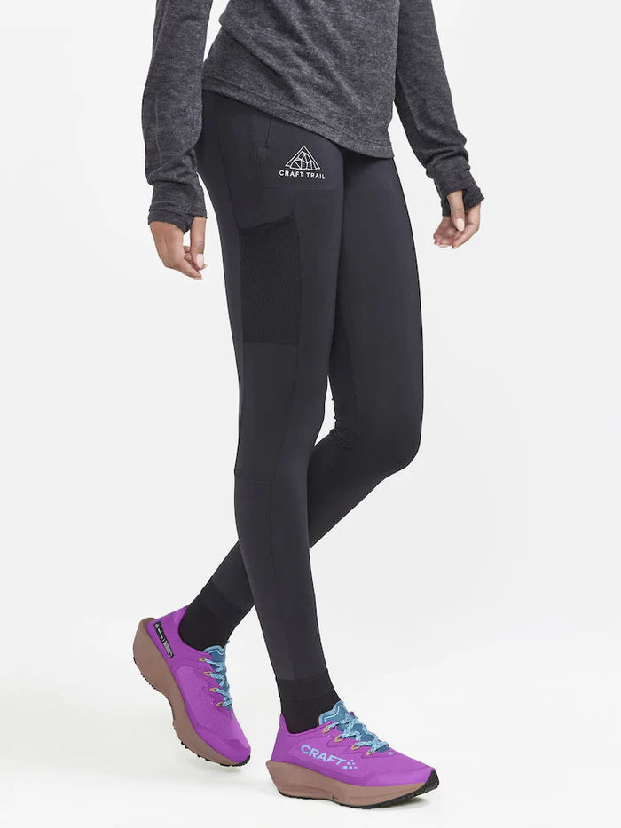 PRO Trail Tights - Women by Craft in black, recycled polyamide jersey with moisture transfer, ideal for pro trail running