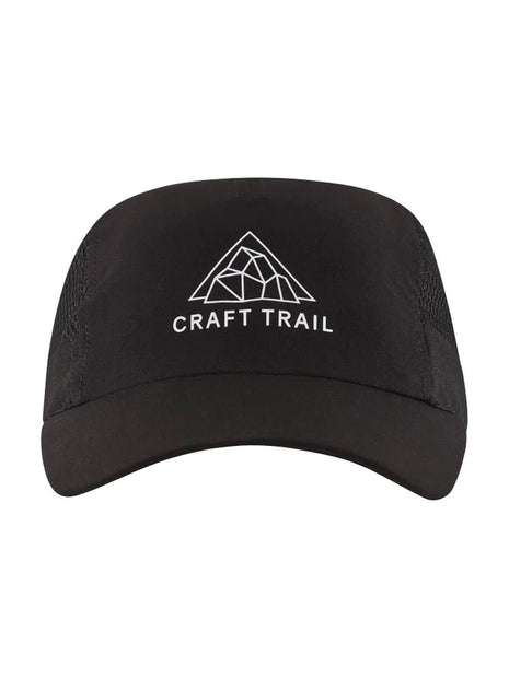 PRO Trail Cap by Craft in black with water-repellent stretch fabric and mesh sides for ventilation, ideal for intense trail running.