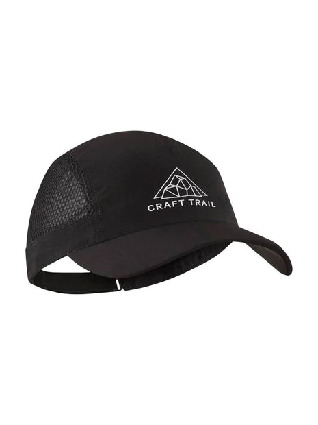 PRO Trail Cap by Craft in black with water-repellent top fabric and mesh sides for ventilation, designed for intense trail running.