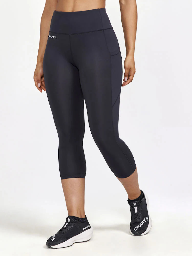 ADV Essence Capri Tights 2 - Women by Craft in black, knee-length recycled polyester tights with wide waist and great pullback for training
