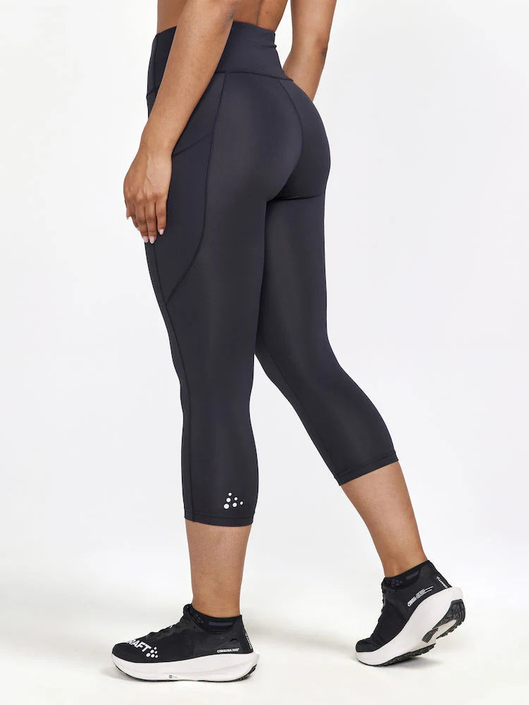 ADV Essence Capri Tights 2 - Women by Craft in black, knee-length recycled polyester tights with wide waist for training and running