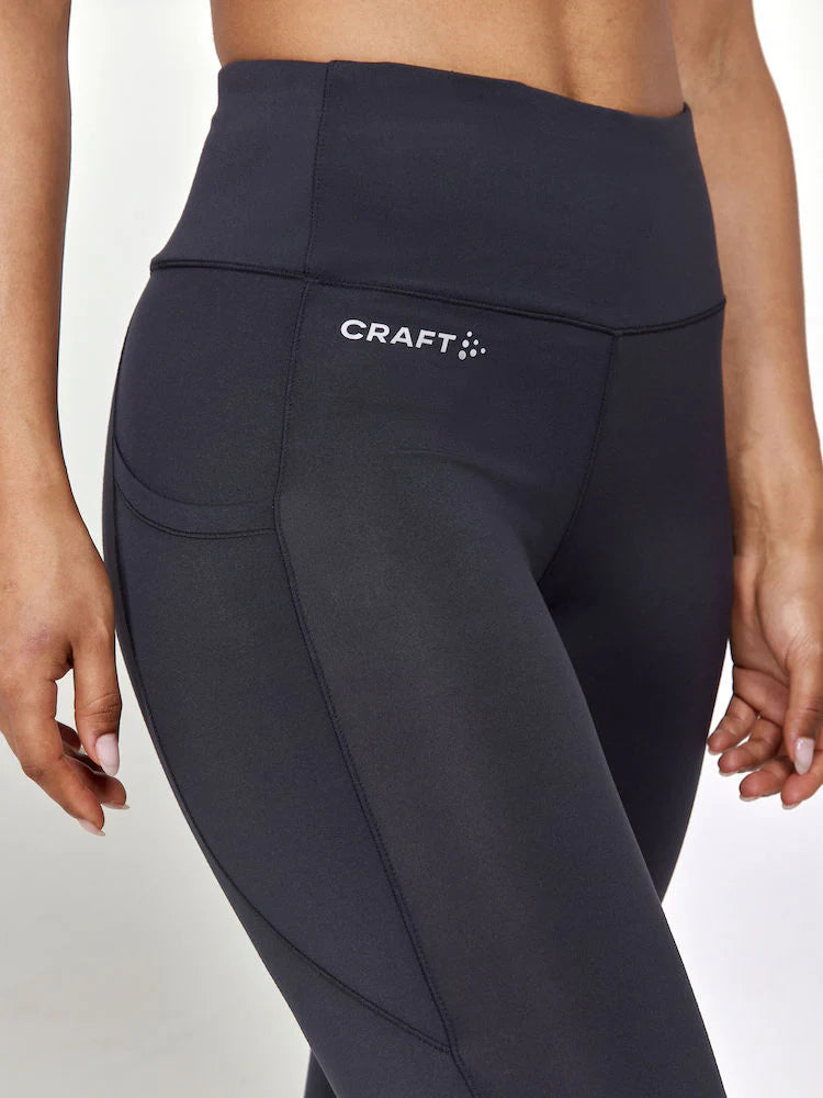 ADV Essence Capri Tights 2 - Women by Craft in black, knee-length soft recycled polyester tights with wide waist for training and running