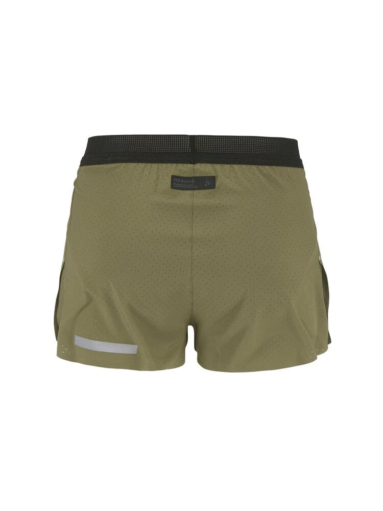 Pro Hypervent Split Shorts 2 - Men by Craft in olive green with black waistband, lightweight ventilated running shorts for hot weather workouts
