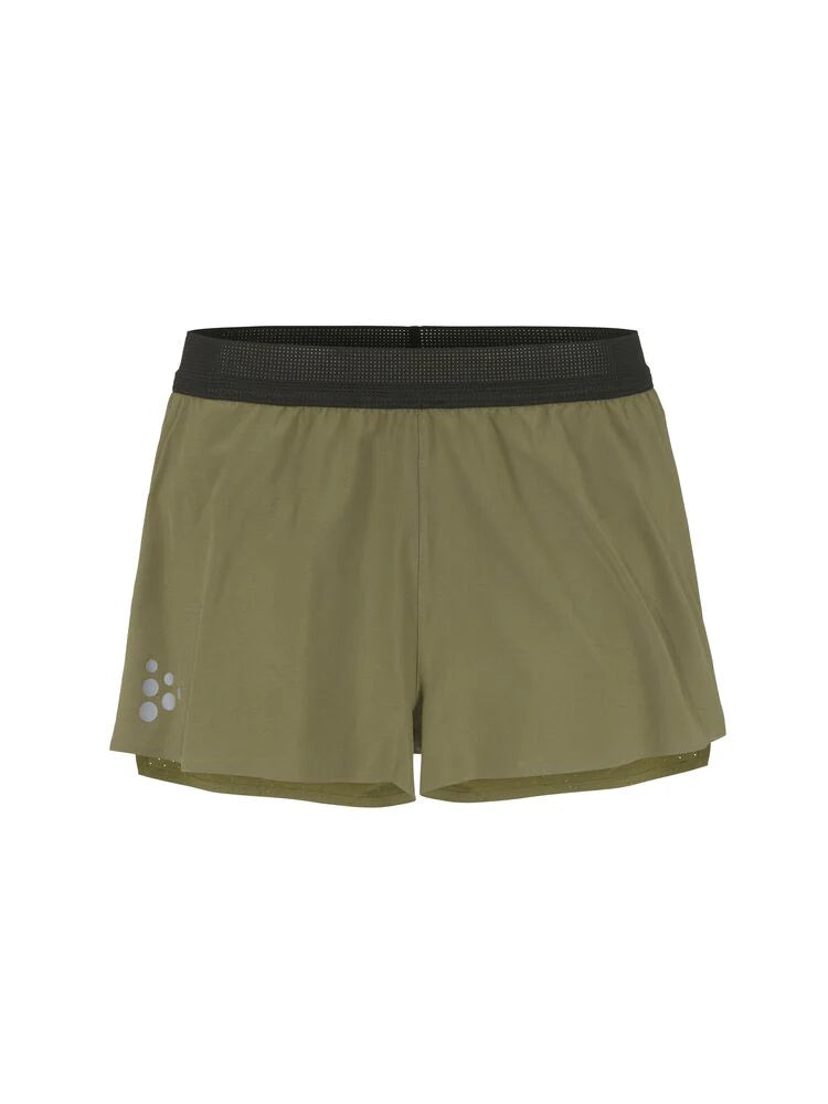 Pro Hypervent Split Shorts 2 - Men by Craft in olive green with black waistband, lightweight ventilating running shorts for hot weather workouts