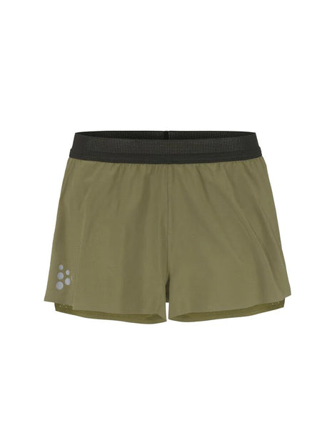 Pro Hypervent Split Shorts 2 - Men by Craft in olive green with black waistband, lightweight ventilating running shorts for hot weather workouts