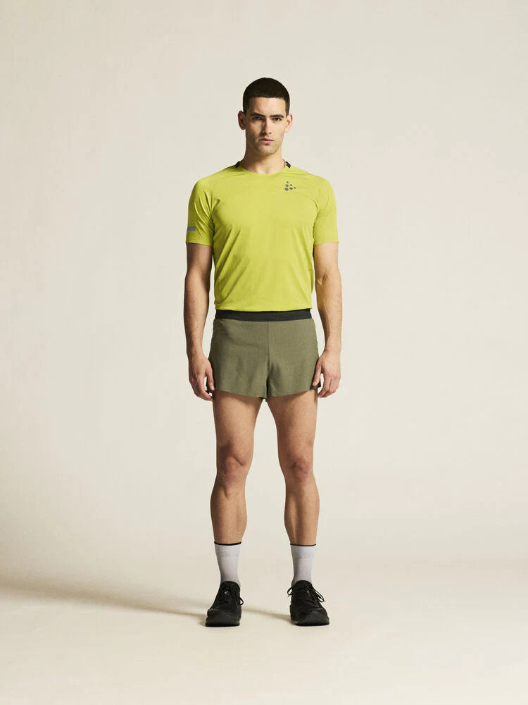 Pro Hypervent Split Shorts 2 - Men by Craft in olive green, lightweight ventilating running shorts for hot weather intense workouts