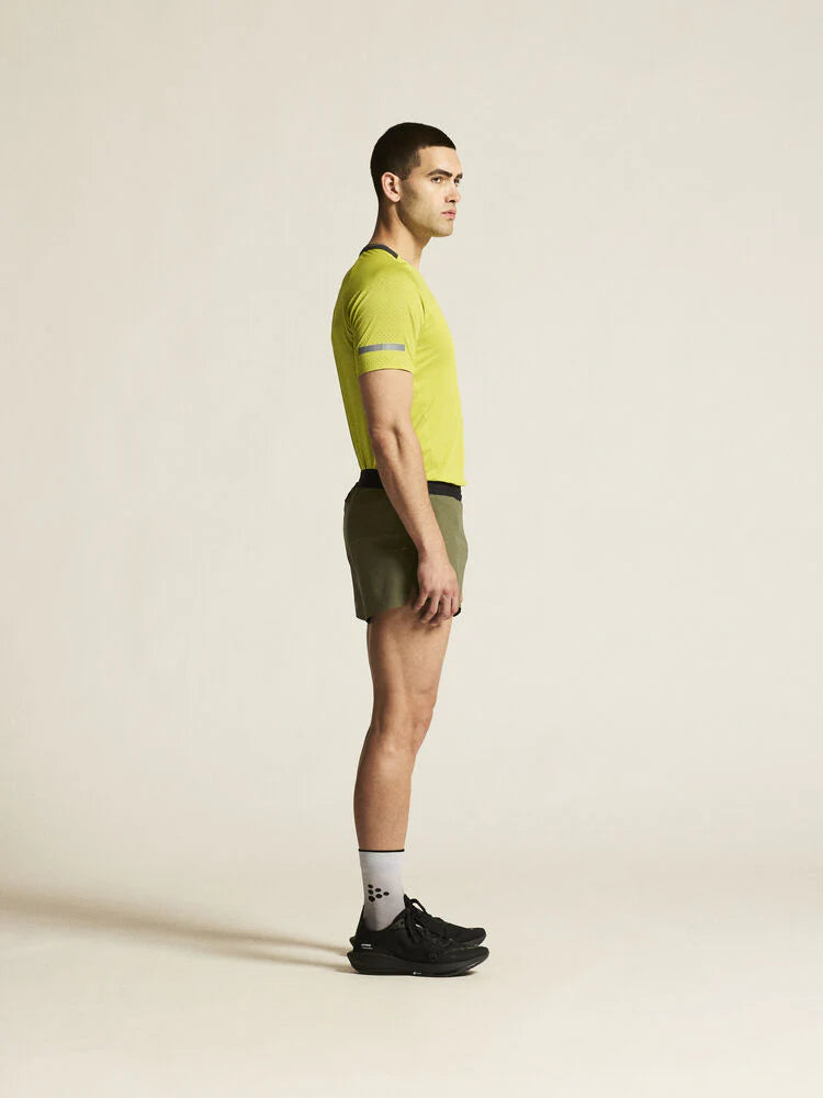 Pro Hypervent Split Shorts 2 - Men by Craft in olive green, lightweight ventilating running shorts for intense summer workouts