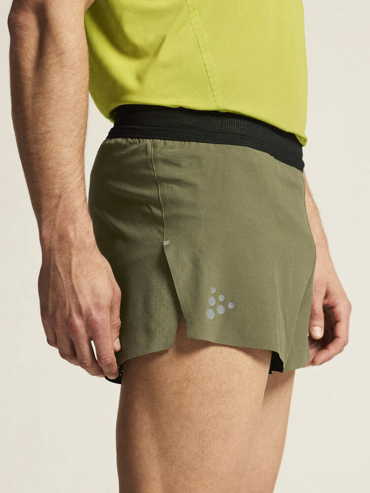 Pro Hypervent Split Shorts 2 - Men by Craft in olive green and black, lightweight ventilating running shorts for hot weather workouts