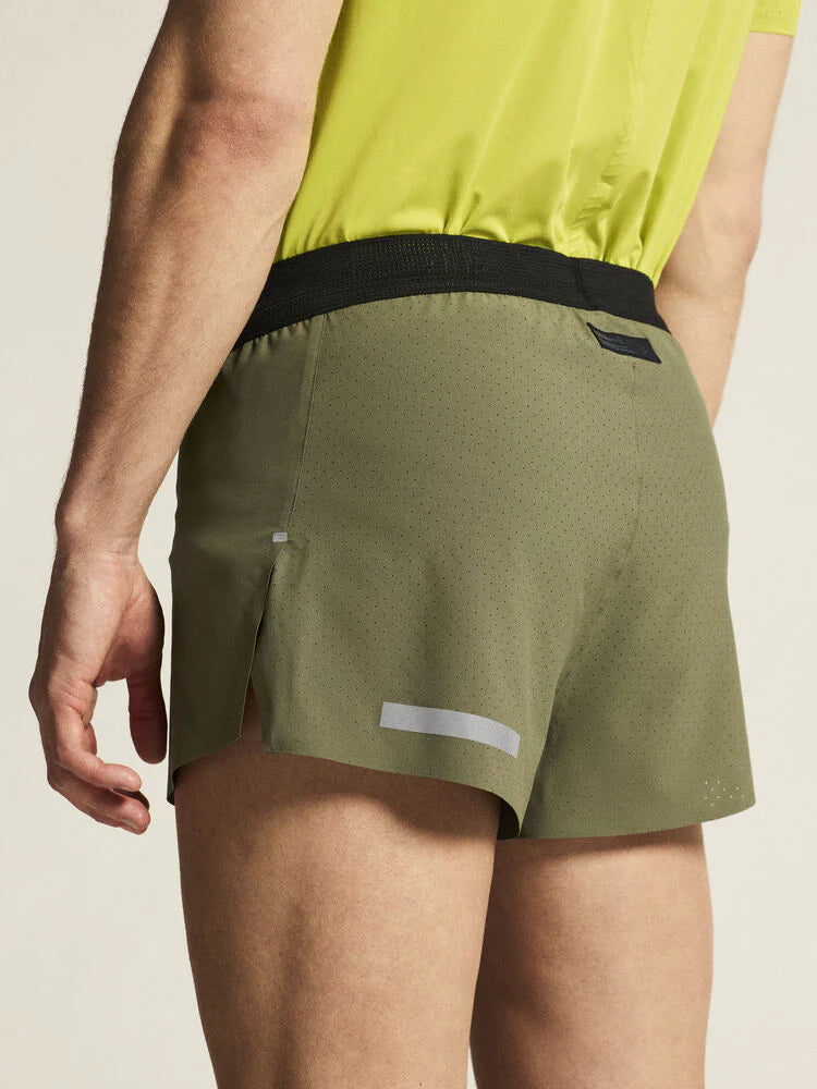 Pro Hypervent Split Shorts 2 - Men by Craft in olive green with black waistband, lightweight and ventilating running shorts ideal for hot weather workouts