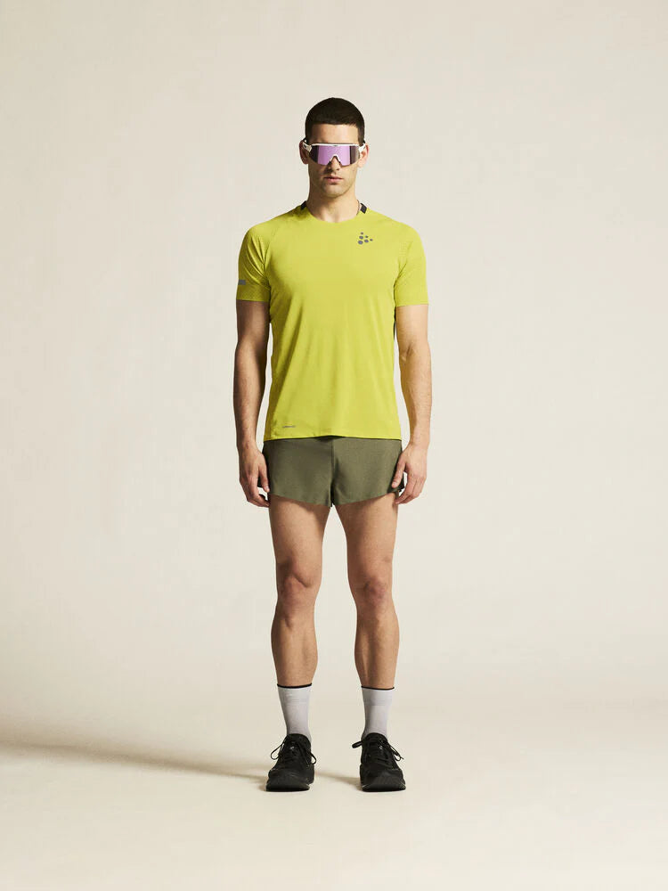 PRO Hypervent Tee 2 - Men by Craft in bright yellow, lightweight running tee with ventilation for cooling during hot weather runs