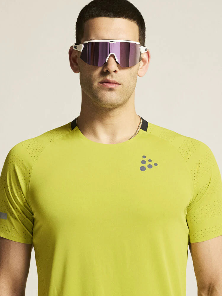 PRO Hypervent Tee 2 - Men by Craft in lime green, lightweight running tee with ventilation and cooling for hot weather performance