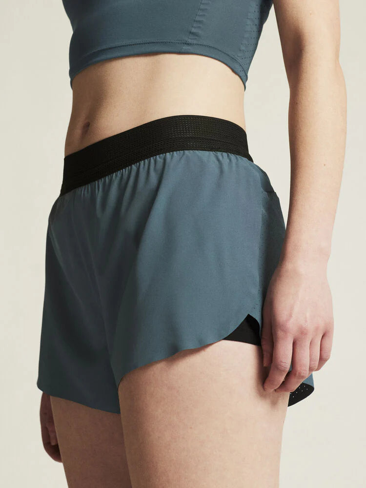 Pro Hypervent Split Shorts 2 - Women by Craft in blue with black waistband, lightweight ventilating running shorts for hot weather workouts