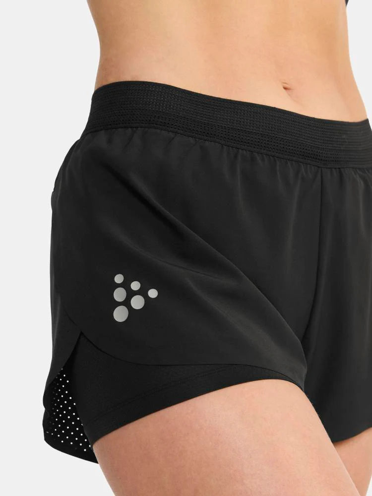 Pro Hypervent Split Shorts 2 - Women by Craft in black, lightweight ventilating running shorts for intense summer workouts