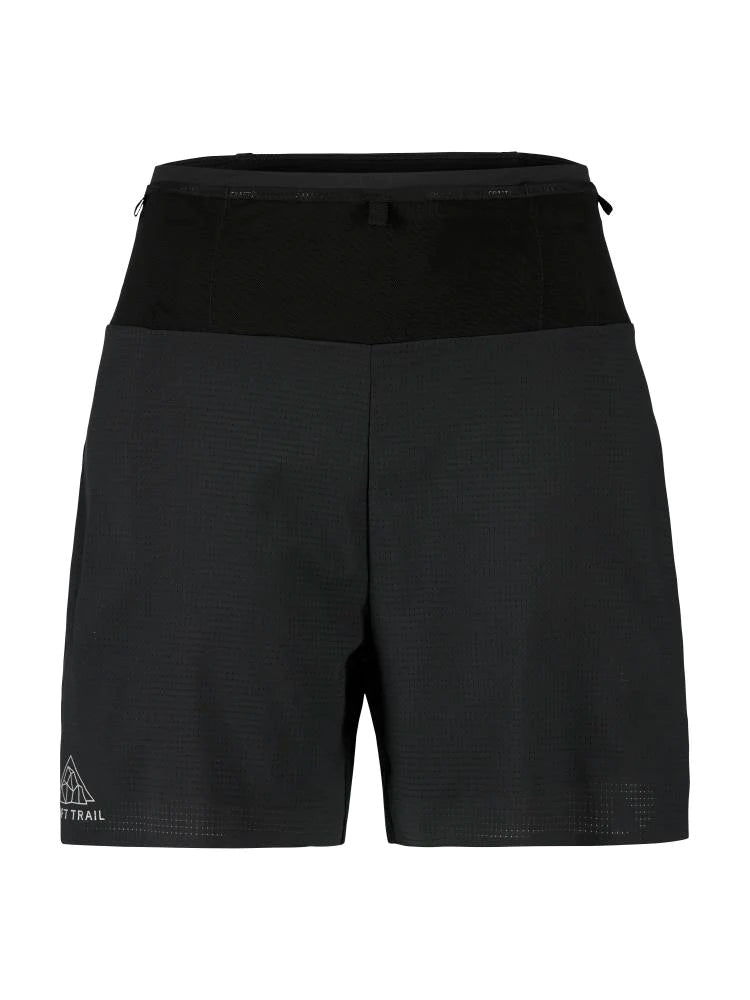 Pro Trail Shorts - Women (5") by Craft in black with lightweight elastic ripstop fabric and inner tights for high-intensity trail running
