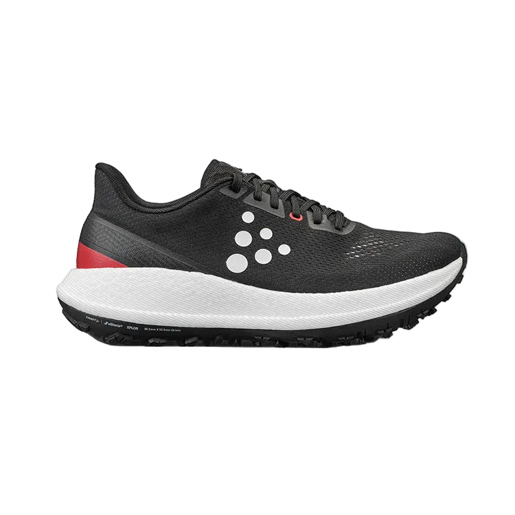 Xplor - Women by Craft in black and white with red accents, versatile pro-grade running shoe for trail and hybrid outdoor use