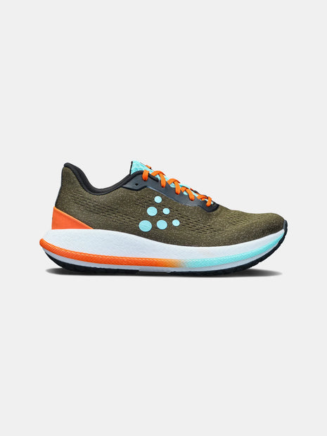 Pacer - Men by Craft in olive green and orange, advanced running shoe with soft Px Foam midsole for smooth, responsive road running.