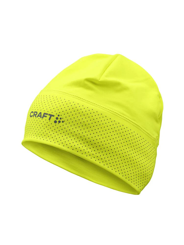 Lumen Fleece Hat 2 by Craft in neon yellow with reflective details and perforated jersey for cold weather running and training