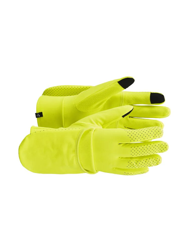 Lumen Fleece Hybrid Glove 2 by Craft in bright yellow with reflective details, soft jersey fabric, ideal for cold running conditions