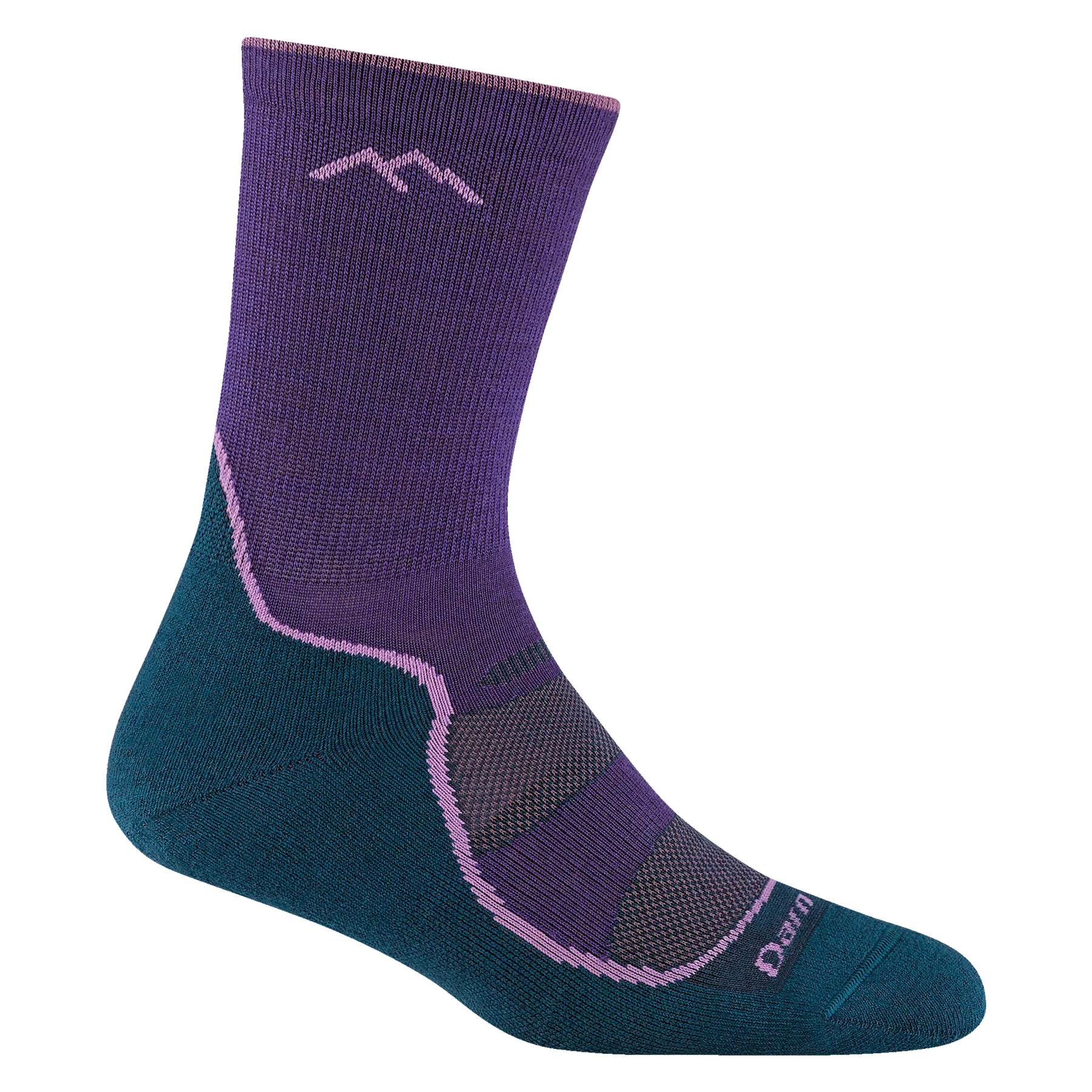 Light Hiker Micro Crew Lightweight Hiking Sock - Women by Darn Tough in purple and teal with breathable mesh panels and smooth ribbing for hiking comfort