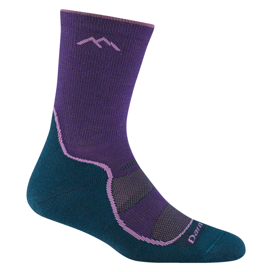 Light Hiker Micro Crew Lightweight Hiking Sock - Women by Darn Tough in purple and teal with breathable mesh panels and smooth ribbing for hiking comfort