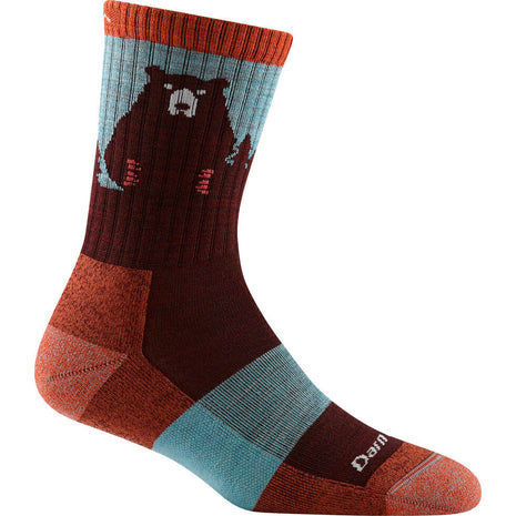 Bear Town Micro Crew Lightweight Hiking Sock - Women by Darn Tough in rust and blue with Merino Wool cushioning for odor control and outdoor hiking comfort