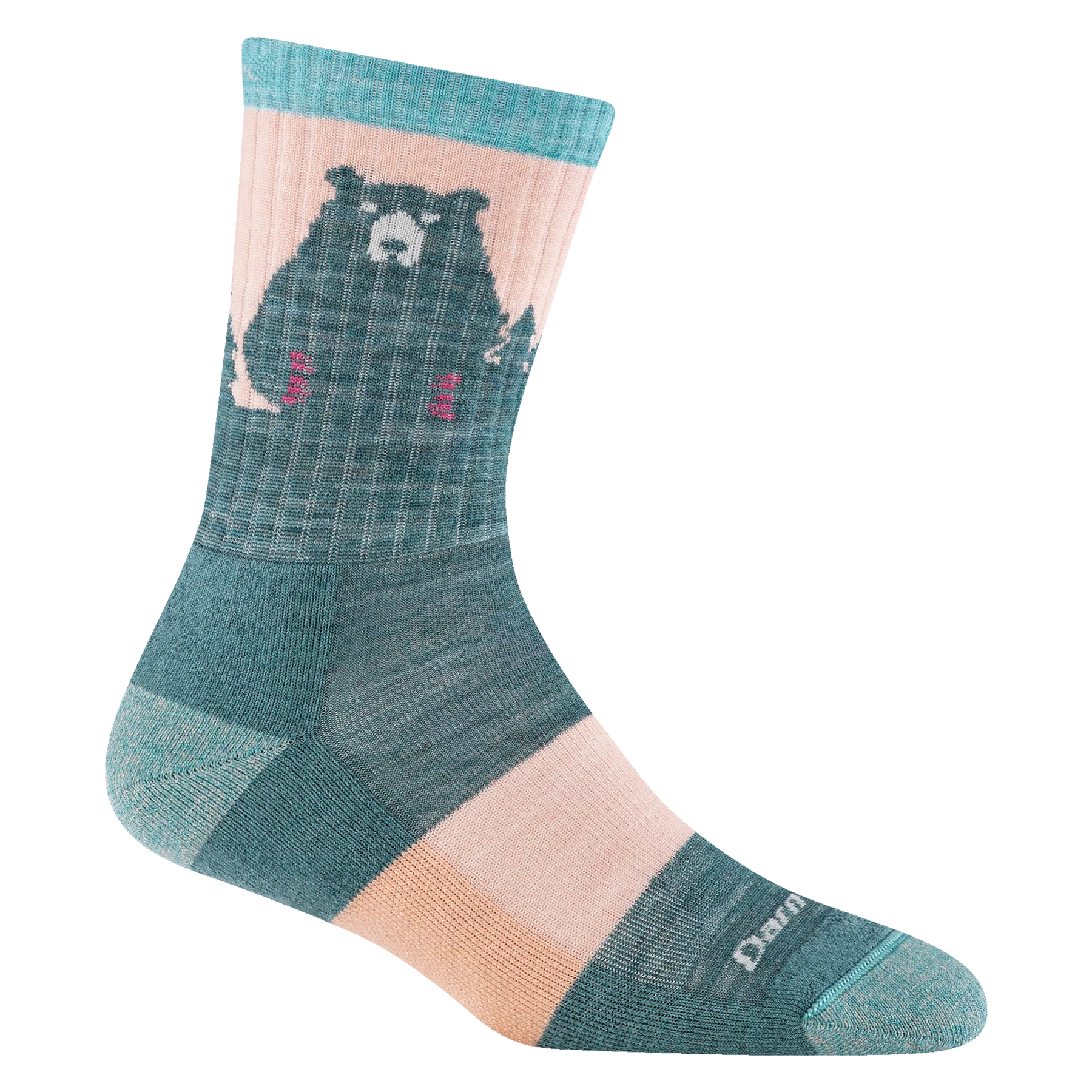 Bear Town Micro Crew Lightweight Hiking Sock - Women by Darn Tough in teal and peach with merino wool cushioned hiking sock for outdoor use