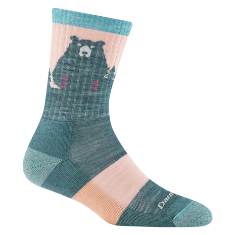 Bear Town Micro Crew Lightweight Hiking Sock - Women by Darn Tough in teal and peach with merino wool cushioned hiking sock for outdoor use