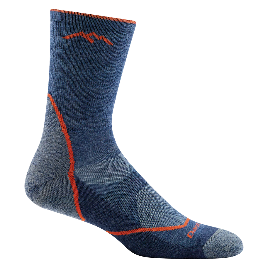 Light Hiker Micro Crew Lightweight Hiking Sock - Men by Darn Tough in blue and orange with breathable mesh panels and smooth ribbing upper for hiking