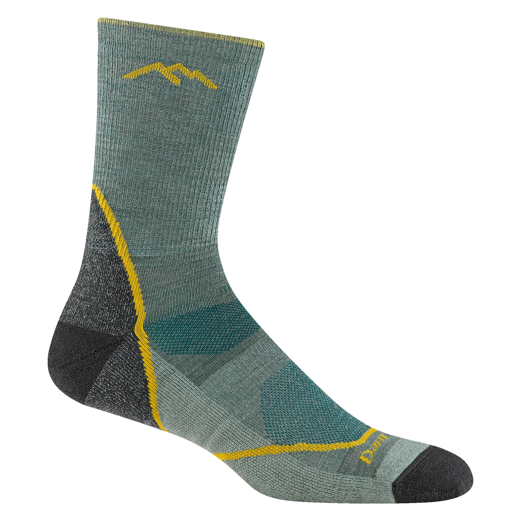 Light Hiker Micro Crew Lightweight Hiking Sock - Men by Darn Tough in green and gray with yellow accents, breathable mesh panels, and smooth ribbing for hiking comfort.
