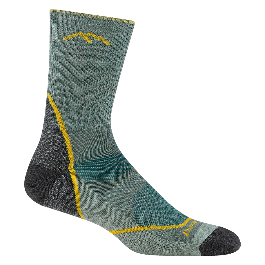 Light Hiker Micro Crew Lightweight Hiking Sock - Men by Darn Tough in green and gray with yellow accents, breathable mesh panels, and smooth ribbing for hiking comfort.