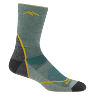 Light Hiker Micro Crew Lightweight Hiking Sock - Men by Darn Tough in green and gray with yellow accents, breathable mesh panels, and smooth ribbing for hiking comfort.