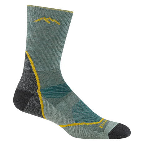 Light Hiker Micro Crew Lightweight Hiking Sock - Men by Darn Tough in green and gray with yellow accents, breathable mesh panels, and smooth ribbing for hiking comfort.